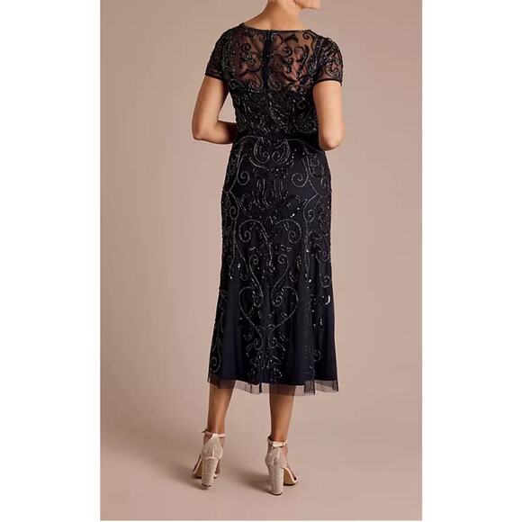 Oleg Cassini Allover Beaded Short Sleeve Midi Dress in Navy Blue Size 16 - Picture 8 of 15